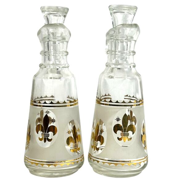 Anchor Hocking Starlyte Clear Gold Fleur de Lis Vintage Oil & Vinegar Cruet Set - Picture 4 of 7